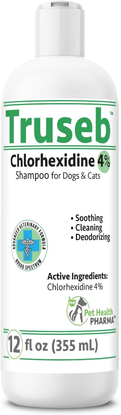 Truseb Topical Chlorhexidine 4% Shampoo for Dogs, Cats &amp; Horses (12 oz)- with Aloe for Cleansing (Chlorhexidine 4% Shampoo, 12 oz)
