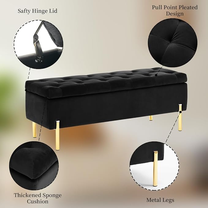 45.6 Inch Velvet Storage Ottoman, Rectangular Accent Bench for Bedroom &amp; Living Room, Black
