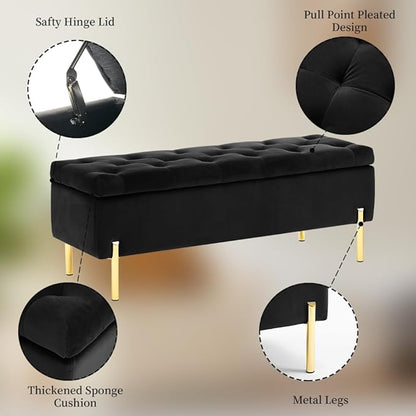 45.6 Inch Velvet Storage Ottoman, Rectangular Accent Bench for Bedroom &amp; Living Room, Black
