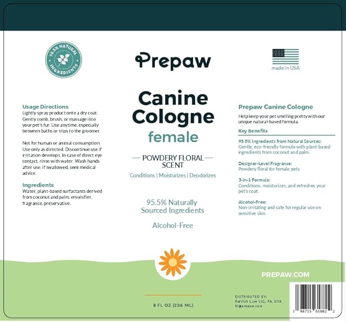 Natural Pet Cologne - Powdery Floral Scent, 3-in-1 Deodorizing, Conditioning &amp; Moisturizing Spray for Dogs &amp; Cats - Long Lasting. Daily Use, 8 fl oz (Female Pet)