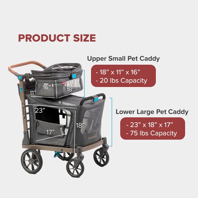 Pet Two Foldable Cart - Adjustable &amp; Portable Pet Stroller with Caddy, Foam Filled Rubber Wheels, Storage - Carriage for Small &amp; Medium Dogs, Cats Under 75 lbs
