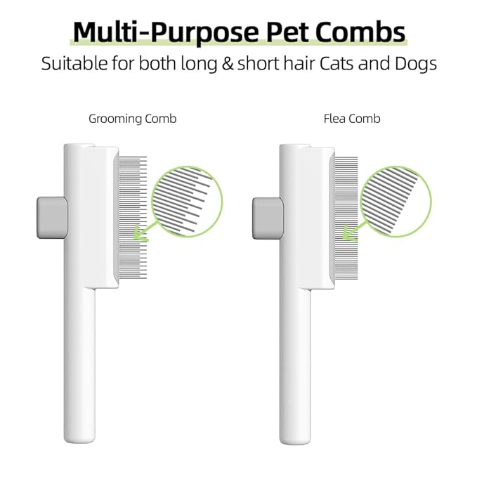 Marchul 2Pcs Pet Comb Flea Comb Set for Cats Dogs, Cat Grooming Brush with Release Button and Stainless Steel Round Teeth, Self-Cleaning Dog Combs for Removing Pet Hair, Knots &amp; Loose Fur, White