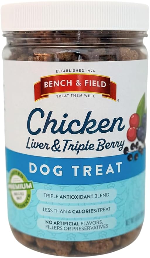 Bench &amp; Field Holistic Natural Chicken Liver &amp; Triple Berry Dog Treats | Crunchy Bone-Shaped Bites | Antioxidant Blend, 10-Ounce Bottle
