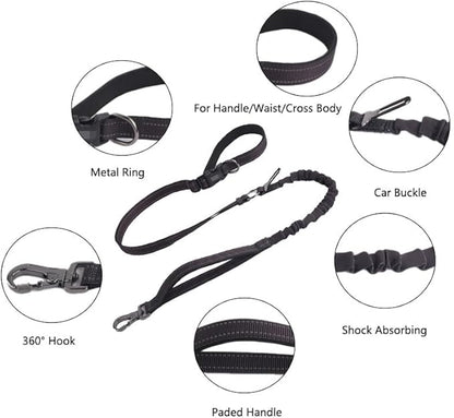 Hands Free Dog Leash for Large Medium Dogs Heavy Duty Bungee Reflective Adjustable Waist Leashes for Walking Running with Car Buckle 4-6FT (Black)