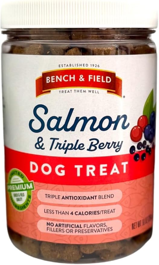 Bench &amp; Field Holistic Natural Salmon &amp; Triple Berry Dog Treats | Crunchy Bone-Shaped Bites | Antioxidant Blend, 10-Ounce Bottle