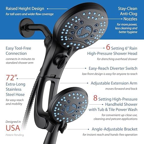 Hotel Spa AquaCare for California As-Seen-On-TV High Pressure Handheld Rain 50-mode 3-way Shower Head Combo with Adjustable Arm, Anti-clog Jets, Tub &amp; Pet Power Wash, 6 ft. Hose, Matte Black