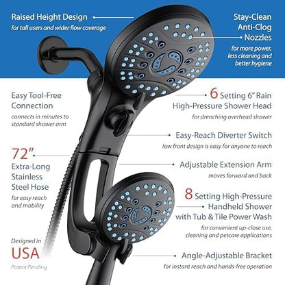 Hotel Spa AquaCare for California As-Seen-On-TV High Pressure Handheld Rain 50-mode 3-way Shower Head Combo with Adjustable Arm, Anti-clog Jets, Tub &amp; Pet Power Wash, 6 ft. Hose, Matte Black