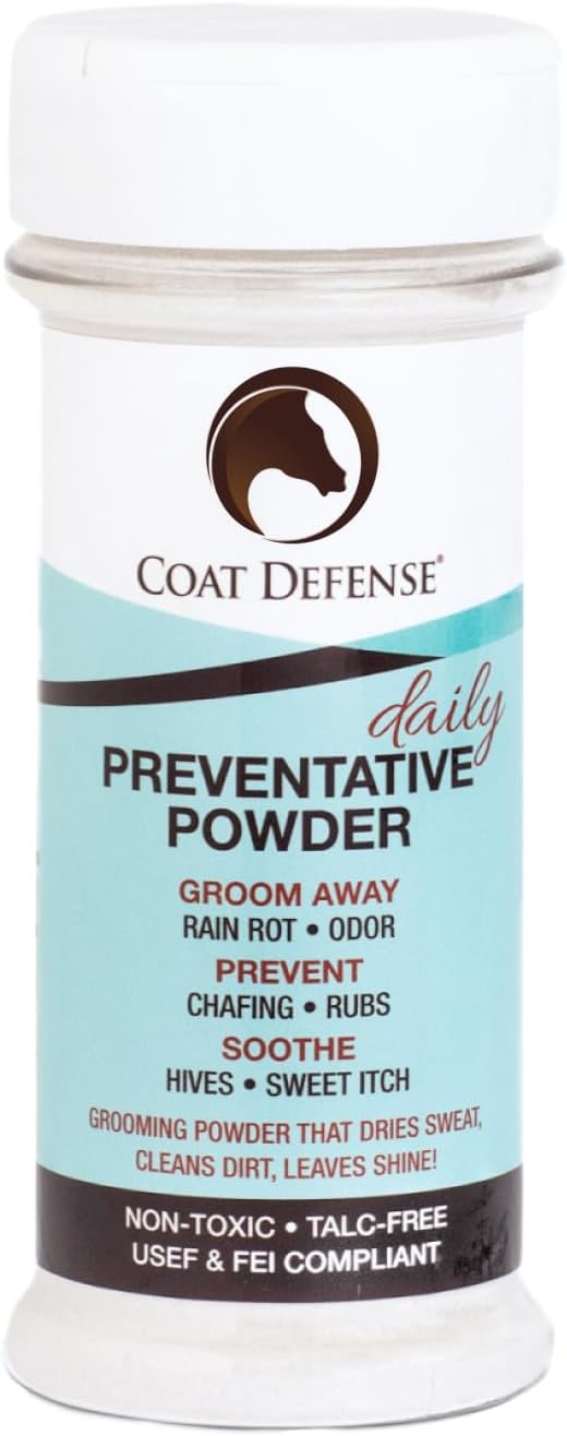 Coat Defense Daily Preventative Powder for Horses - Safe &amp; Effective Equine Sweet Itch, Skin Funk, Scratches, &amp; Rain Rot Treatment - Dry Shampoo for Horses, 8 oz Formula with All Natural Ingredients