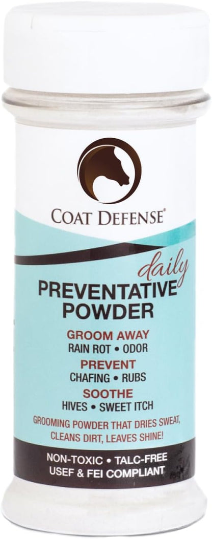Coat Defense Daily Preventative Powder for Horses - Safe &amp; Effective Equine Sweet Itch, Skin Funk, Scratches, &amp; Rain Rot Treatment - Dry Shampoo for Horses, 8 oz Formula with All Natural Ingredients