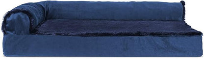 Furhaven Cooling Gel Dog Bed for Medium/Small Dogs w/ Removable Bolsters &amp; Washable Cover, For Dogs Up to 35 lbs - Plush &amp; Velvet L Shaped Chaise - Deep Sapphire, Medium