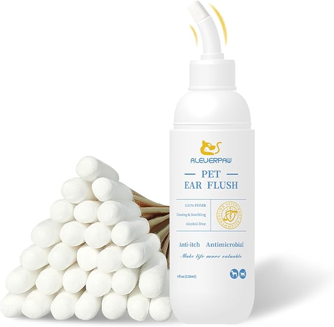 Tris Flush Cat &amp; Dog Ear Cleaner - Dog Ear Infection Treatment with PHMB, Removes Wax, Odo, Gentle &amp; Hypoallergenic, with 20 Cotton Qtips, 4 Fl oz