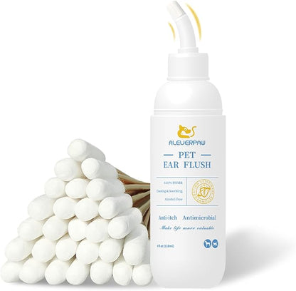 Tris Flush Cat &amp; Dog Ear Cleaner - Dog Ear Infection Treatment with PHMB, Removes Wax, Odo, Gentle &amp; Hypoallergenic, with 20 Cotton Qtips, 4 Fl oz
