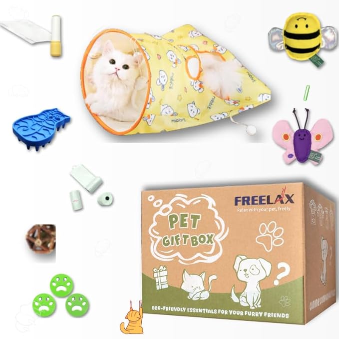 Eco-Friendly Cat Gift Box – 7-Piece Set with Organic Catnip Toys, Feather Wand, Blanket &amp; Pop-Up Cat Cave for Indoor Cats and Kittens