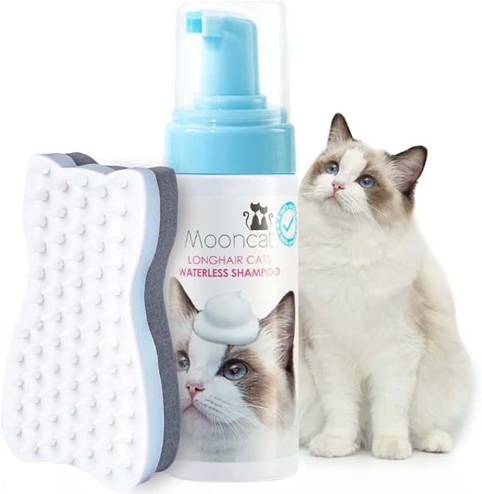 Mooncat Waterless Shampoo &amp; Brush Kit for Longhair Cats | Complete Grooming System for Detangling, Deshedding &amp; Matted Fur | Licking Safe No-Rinse Foam with Gentle Silicone Massager - Made in Taiwan