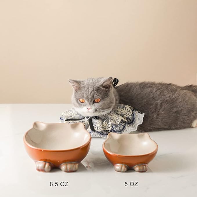 Nihow Ceramic Basic Cat Bowls: 5 Inch Cat Bowl for Food &amp; Water - Food Grade Cat Dish for Small-Sized Cat - Microwave &amp; Dishwasher Safe -Elegant Brown (4.25 OZ /1 PC)