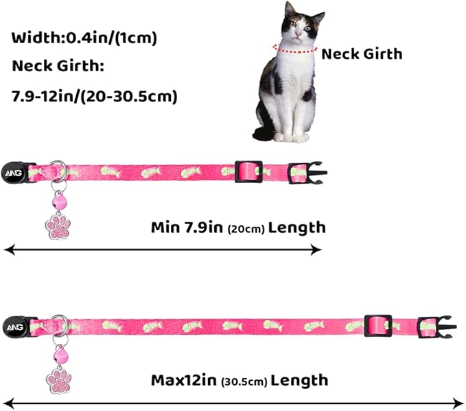 Personalized Breakaway Cat Collars Glow-in-The-Dark with ID Tag, Bell - Safety Quick - Release, Customizable for Female Male Kittens &amp; Cats (Pink)