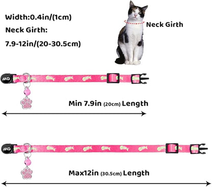 Personalized Breakaway Cat Collars Glow-in-The-Dark with ID Tag, Bell - Safety Quick - Release, Customizable for Female Male Kittens &amp; Cats (Pink)