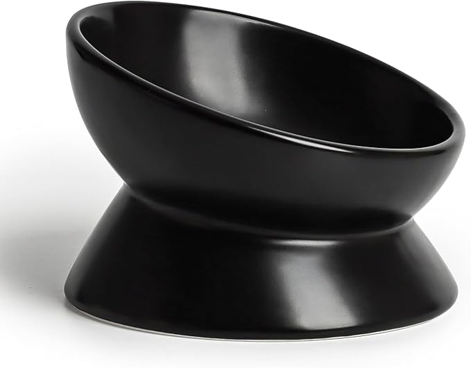 YINGFAN Elevated Cat Bowls, 5oz Ceramic Raised Cat Bowl for Cats/Kittens with Tilted Design, Porcelain Cats Feeding Dishes for Food/Water, Anti Vomit, Microwave &amp; Dishwasher Safe (Black)