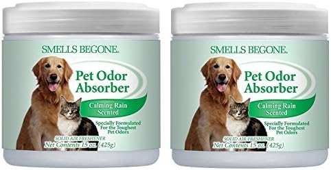 SMELLS BEGONE Air Freshener Odor Absorber Gel - 15 oz, Pack of 2 - Absorbs and Eliminates Odor in Pet Areas, Bathrooms, Cars, &amp; Boats - Made with Essential Oils - Calming Rain Scent