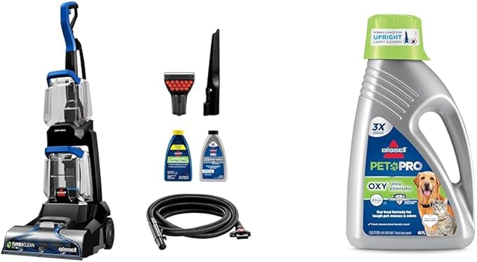BISSELL TurboClean Pet XL Upright Carpet Cleaner, Upholstery Tough Stain Tool &amp; Formula included, 3746 + Bissell Professional Pet Urine Elimator with Oxy and Febreze Carpet Cleaner Shampoo 48 Ounce
