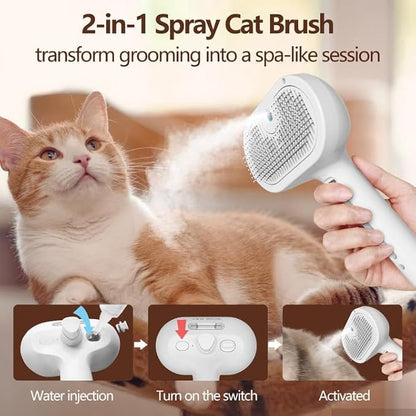 L&amp;W BROS. Steam Grooming Brush for Shedding and Detangling – Self-Cleaning Steamy Pet Brush with Mist Spray for Long-Haired Cats and Small Dogs (White)