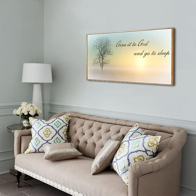 Lasdel Natural Extra Framed Wall Art of Misty Sunset &amp; Tree Plant Picture For Bedroom Home Above Bed,Large White Country Wood Sign For Bathroom,Give It To God &amp; Go to Sleep Artwork Decor,24x48