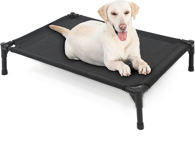 Elevated Dog Bed for Large Dogs, Raised Dog Cot Fits Up to 120 LBs, Heavy Duty Pet Cots with Durable Supportive Teslin Recyclable Washable Mesh, Indoor &amp; Outdoor Pet Bed, Black
