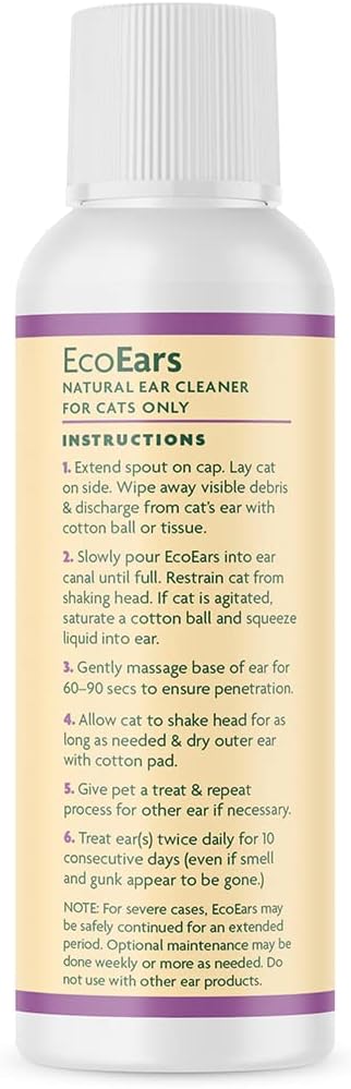 Vet Organics EcoEars Cat Ear Cleaner. Natural Multi-Action Formula. for Itch, Head Shaking, Discharge &amp; Smell. Naturally Cleanses Away Common Problems. 100% Guaranteed (4 oz)