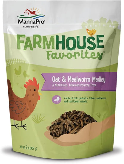 Manna Pro Farmhouse Favorites Oat &amp; Mealworm Mix Poultry Treat – Natural Protein Source – Encouraging Poultry Treat – Mix of Oats, Peanuts, Raisins, Mealworms, Sunflower Kernels – 2lbs