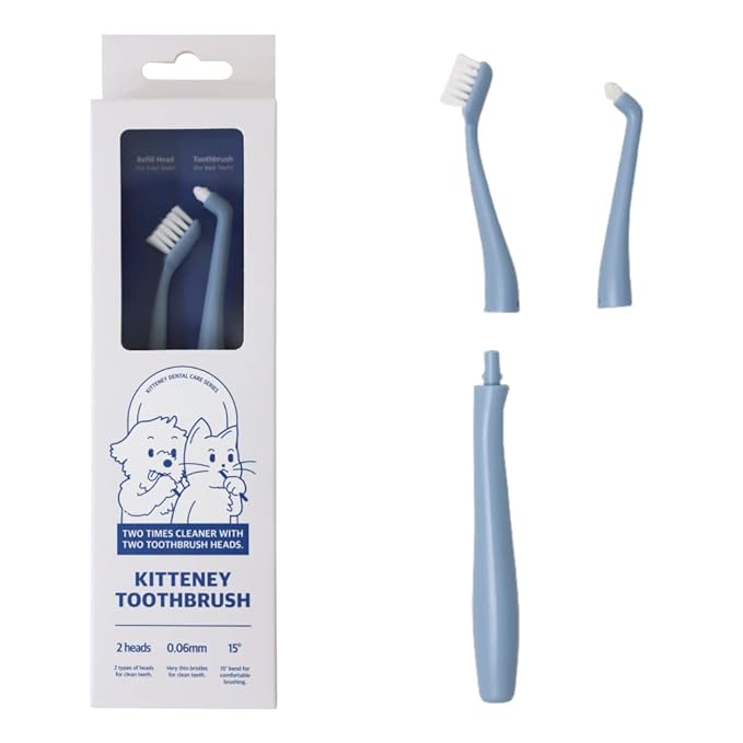 Kitteney Pet Toothbrush for Dogs, Cats with 0.06mm Super Soft Bristles, Head Replaceable, Double Headed Toothbrush for Small to Large Teeth, Easy Teeth Cleaning &amp; Dental Care (Blue)