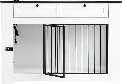 Large Dog Crate Furniture-Decorative Heavy Duty Dog Cage Indoor, Wooden Dog Cage End Table with Charging Station, Dog House with 2 Drawers (White, 47.2&