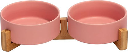 SPUNKYJUNKY Ceramic Dog and Cat Bowl with Wood Stand Non-Slip Matte Glaze Weighted Food Water Set for Cats &amp;Small Dogs 13.5 OZ