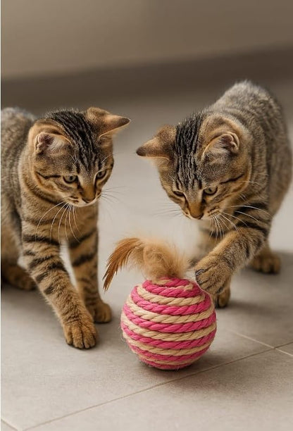 Ball for cat with Feathers - Balls for Cats – Natural Toy for Indoor Cats – Eco-Friendly, Durable, Interactive Play Balls for Kittens – Pet-Safe Chew &amp; Scratch Toys (Red)