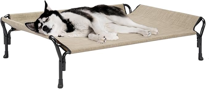 Veehoo Cooling Elevated Dog Bed, Raised Pet Cot with Guardrail &amp; Slope Headrest, Durable Breathable Teslin Mesh, Non-Slip Feet, Washable Dog Couch Bed for Indoor &amp; Outdoor, 47" x 32", Beige Coffee