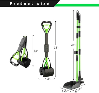 MXF Dog Pooer Scooper Set, 2 in 1 Pet Poop Scooper with Long Handle 28" Dog Poop Picker Upper and Stainless Metal Tray &amp; Rake for Medium &amp; Small Dogs, Heavy Duty for Grass, Dirt, Gravel