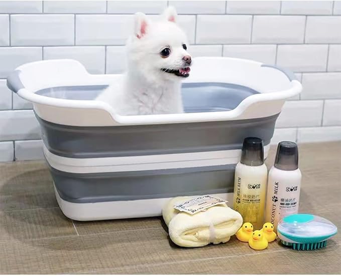 Collapsible Pet Bathtub, 7.1 Gal (27L) - Foldable Bathing Tub with Drain Plug for Dogs &amp; Cats Under 30 lbs - Multi-Use as Laundry Basket, Storage Organizer, Camping Sink (Grey)