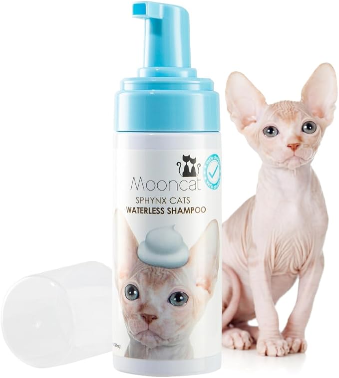 Mooncat Sphynx Cat Waterless Shampoo, Vet Approved No-Rinse Foam for Oily, Sensitive Skin &amp; Wrinkles - Gentle, Hypoallergenic Formula for Hairless Cats, Deep Cleans &amp; Moisturizes