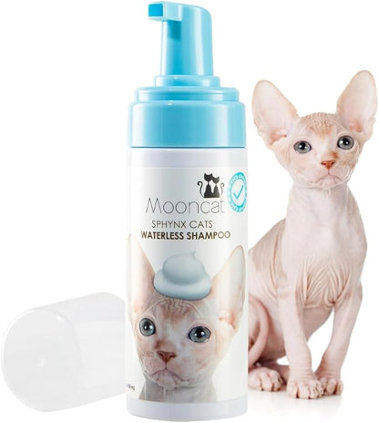 Mooncat Sphynx Cat Waterless Shampoo, Vet Approved No-Rinse Foam for Oily, Sensitive Skin &amp; Wrinkles - Gentle, Hypoallergenic Formula for Hairless Cats, Deep Cleans &amp; Moisturizes