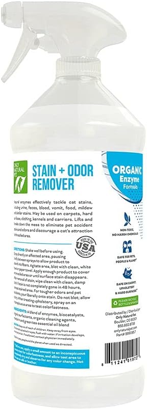 Only Natural Pet Enzyme Powered Stain &amp; Odor Eliminator - Professional Pet Urine Pee Cleaner Deodorizer for Cats - Hardwood Floors Carpets Upholstery - Fresh Mandarin Orange &amp; Green Tea Scent 32Floz