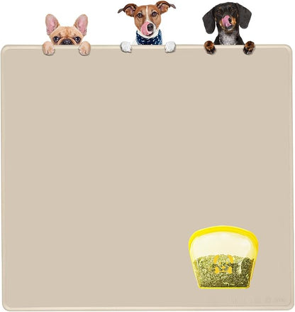 KVK Extra Extra Large Silicone Dog Food Mat 39.4×43.3in and 128oz Silicone Bag Set, Super Size Waterproof Pet Feeding Mat &amp; Container, Non-Slip, Chew-Resistant Floor Protection (Beige&amp;Yellow)