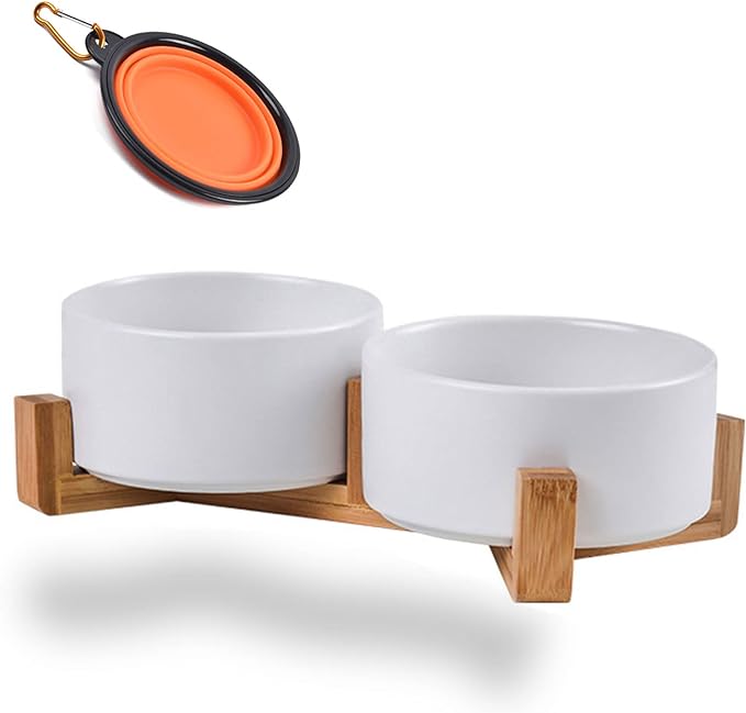 Petygooing Dog Bowls,White Ceramic Cat and Dog Bowl Set with Wood Stand for Food and Water, Non-Slip Cute Modern Pet Dish Set for Cats &amp; Medium Dogs (28OZ)