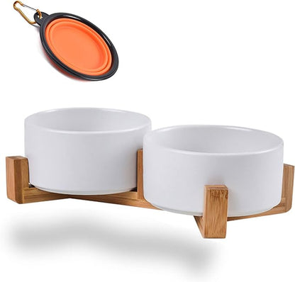 Petygooing Dog Bowls,White Ceramic Cat and Dog Bowl Set with Wood Stand for Food and Water, Non-Slip Cute Modern Pet Dish Set for Cats &amp; Medium Dogs (28OZ)