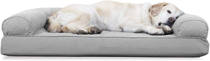 Furhaven Cooling Gel Dog Bed for Large Dogs w/ Removable Bolsters &amp; Washable Cover, For Dogs Up to 95 lbs - Two-Tone Plush Faux Fur &amp; Suede L Shaped Chaise - Stone Gray, Jumbo/XL