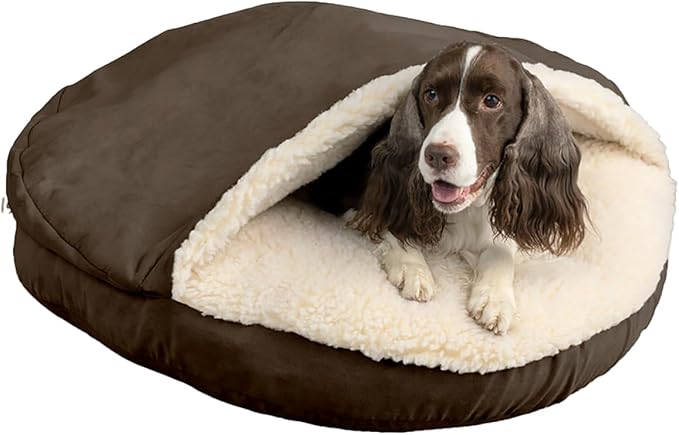 Snoozer Luxury Cozy Cave Dog Bed - Indoor Dog Bed with Cover Cave, Covered Calming Burrow for Small &amp; Medium Sized Pets with Blanket Attached, Enclosed, Washable - Large, Hot Fudge