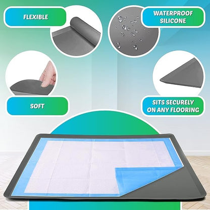 TidyFriend Dog Pad Holder Tray for 30 x 36 Inches Training Pads - 2 Pack, Silicon Wee Wee Pad Holder, No Spill Pee Pad Holder for Dogs - Easy to Clean and Store Perfect for Dog Potty Tray (Grey)