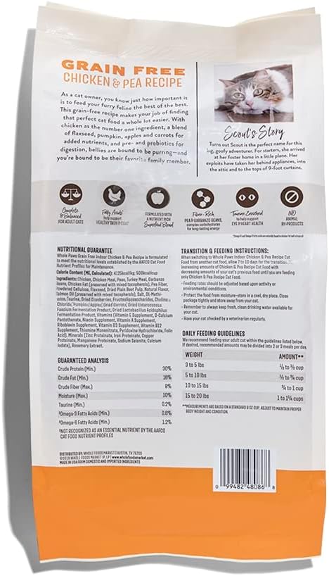 Whole Paws, Grain-Free Dry Cat Food, Chicken &amp; Pea Recipe, Enhanced with Fiber &amp; Prebiotics, Indoor Formula, 3.5 lb