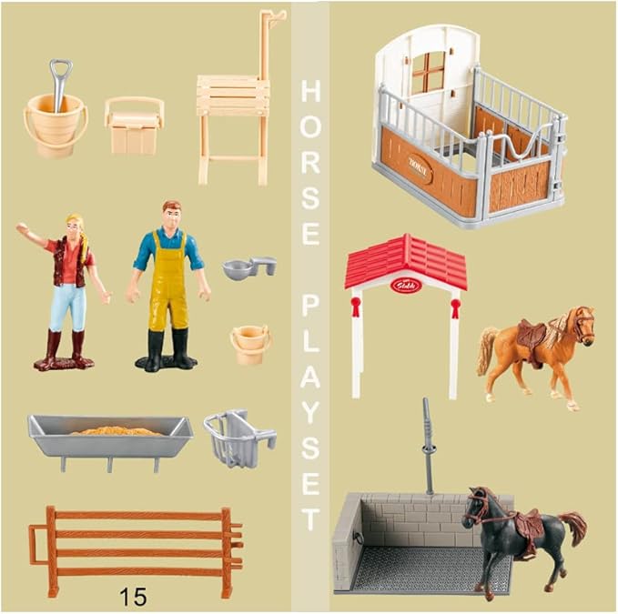 Peagrav Horse Stable Playset with Rider, Wash Area, Fence &amp; Animal Figures - Gifts for Girls &amp; Boys Aged 3-8