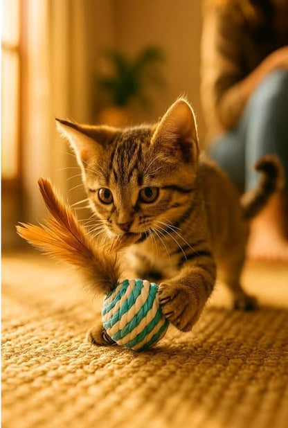 Ball for cat with Feathers - Balls for Cats – Natural Toy for Indoor Cats – Eco-Friendly, Durable, Interactive Play Balls for Kittens – Pet-Safe Chew &amp; Scratch Toys (Sky Blue)