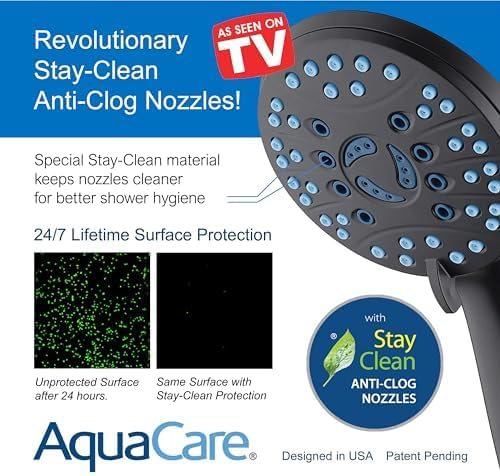 Hotel Spa AquaCare for California As-Seen-On-TV High Pressure Handheld Rain 50-mode 3-way Shower Head Combo with Adjustable Arm, Anti-clog Jets, Tub &amp; Pet Power Wash, 6 ft. Hose, Matte Black