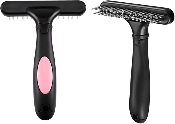Pet Grooming Rake - Double Row Pins Shedding and Dematting Undercoat Rake Comb for Dogs, Cats, Matted, Short, Long Hair Coats - Safe Grooming &amp; Deshedding Brush - Comb Out Mats &amp; Tangles Easily